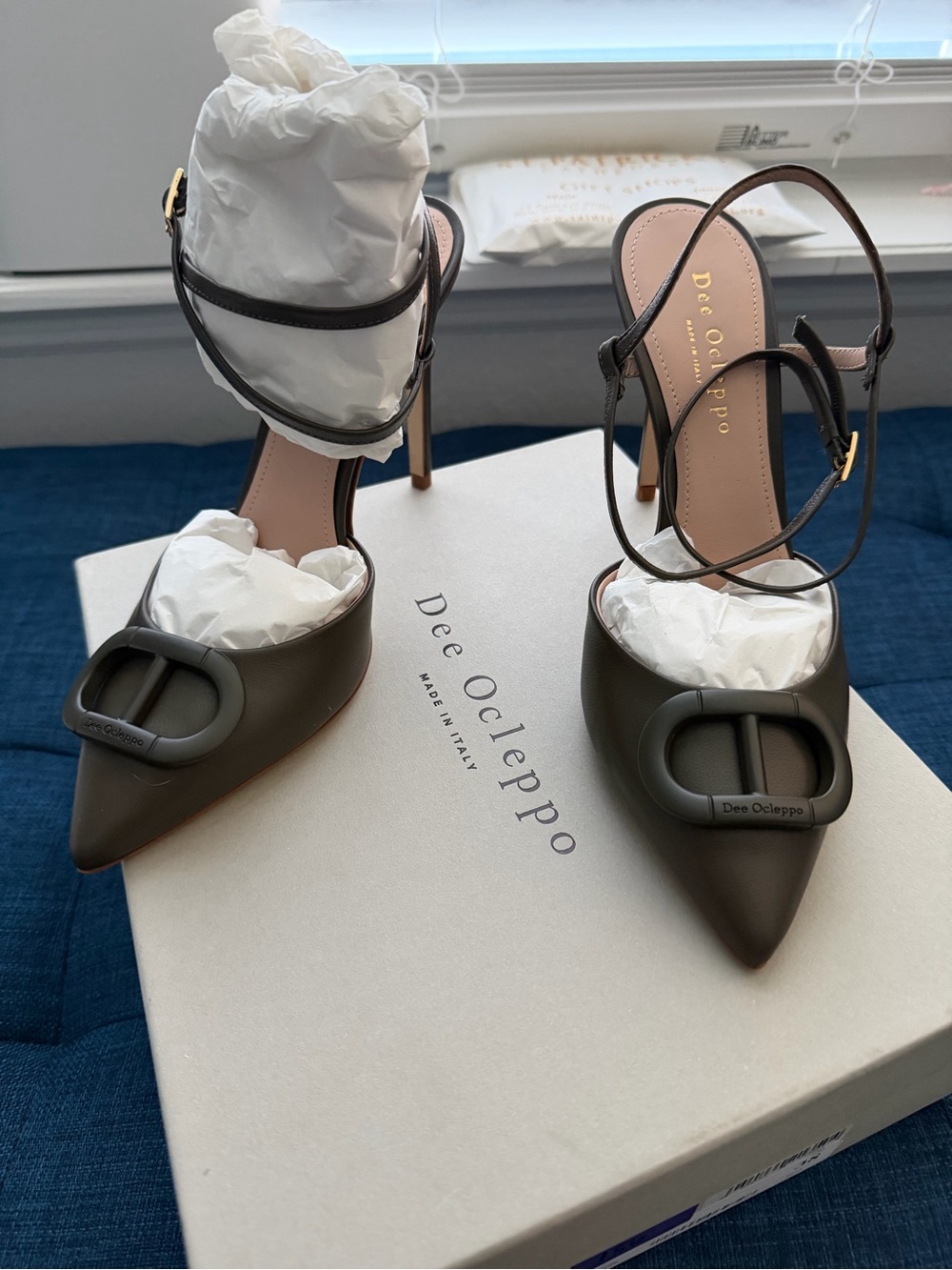 Dee Ocleppo Olive Pointed-Toe Slingback Heels with Buckle